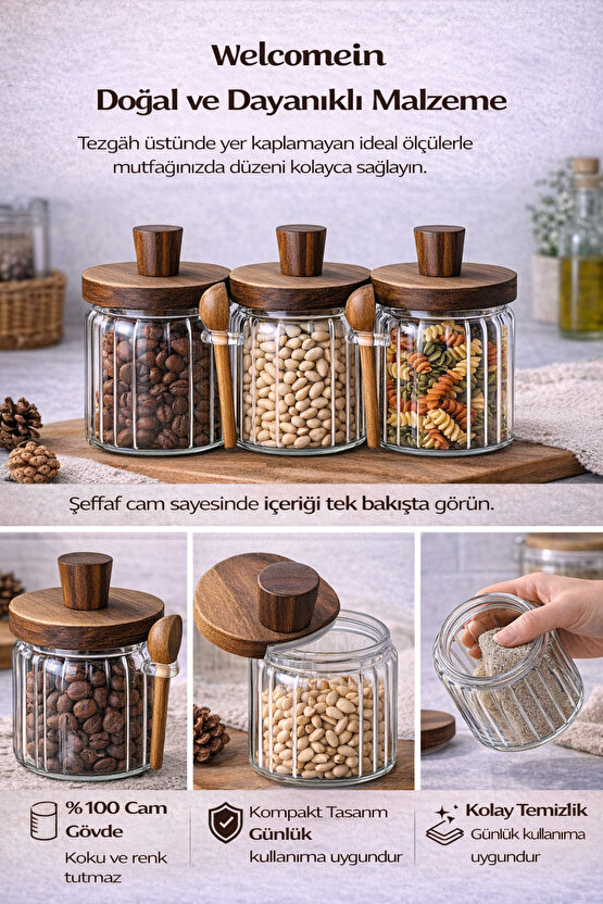 3lü Akasya Kapaklı Kaşıklı Vakumlu Cam Kavanoz Seti-Mutfak Düzenleyici Set (450ml)