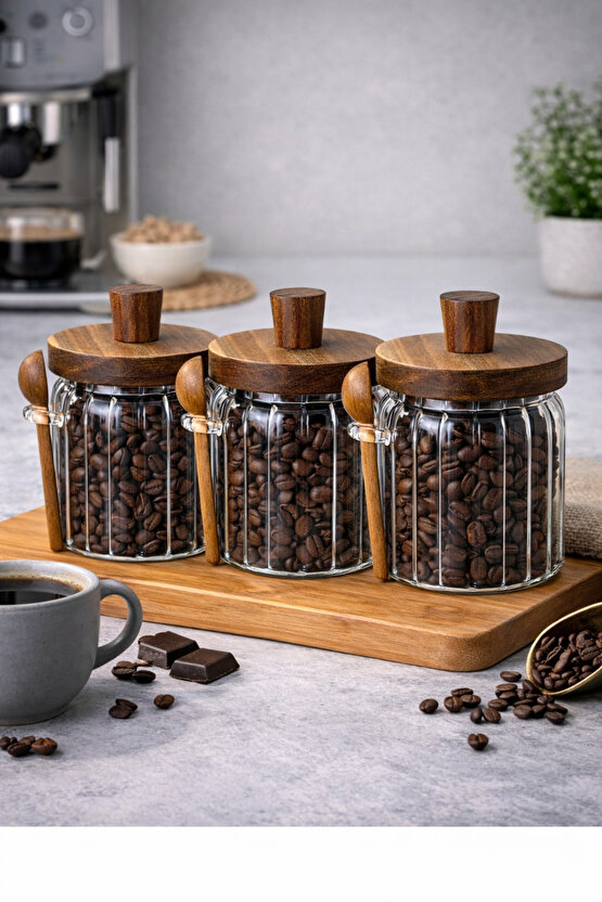 3lü Akasya Kapaklı Kaşıklı Vakumlu Cam Kavanoz Seti-Mutfak Düzenleyici Set (450ml)