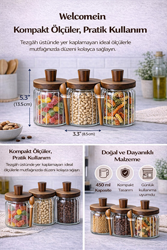 3lü Akasya Kapaklı Kaşıklı Vakumlu Cam Kavanoz Seti-Mutfak Düzenleyici Set (450ml)
