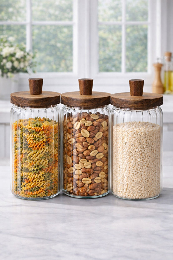 Cam Saklama Kavanozu Seti 3’lü – Akasya Kapaklı, Hava Geçirmez, 700 ml Erzak Saklama