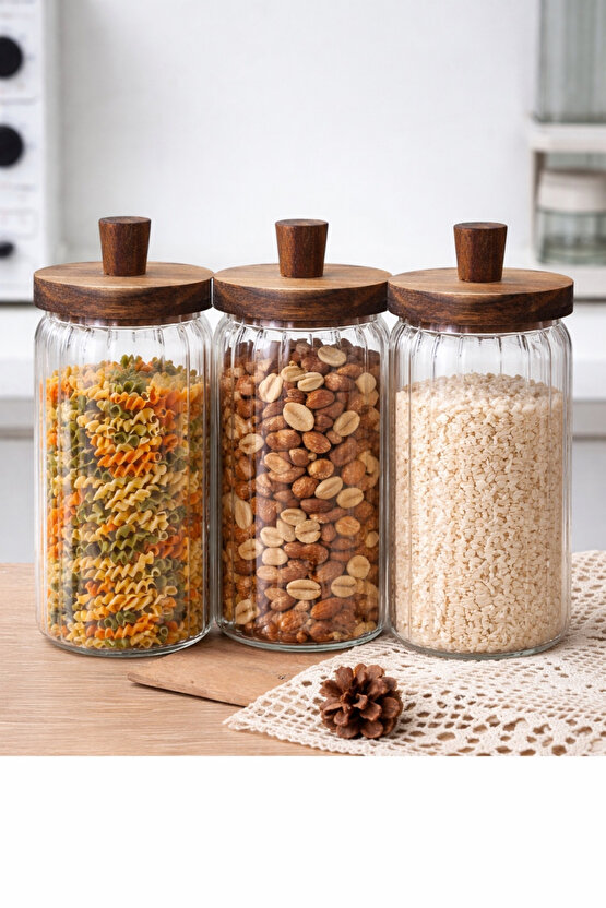 Cam Saklama Kavanozu Seti 3’lü – Akasya Kapaklı, Hava Geçirmez, 700 ml Erzak Saklama