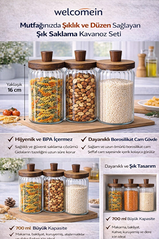 Cam Saklama Kavanozu Seti 3’lü – Akasya Kapaklı, Hava Geçirmez, 700 ml Erzak Saklama