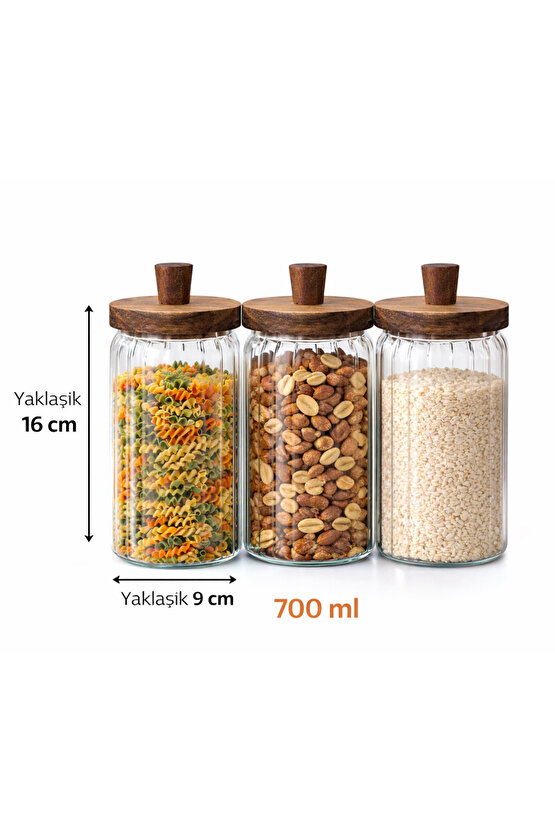 Cam Saklama Kavanozu Seti 3’lü – Akasya Kapaklı, Hava Geçirmez, 700 ml Erzak Saklama