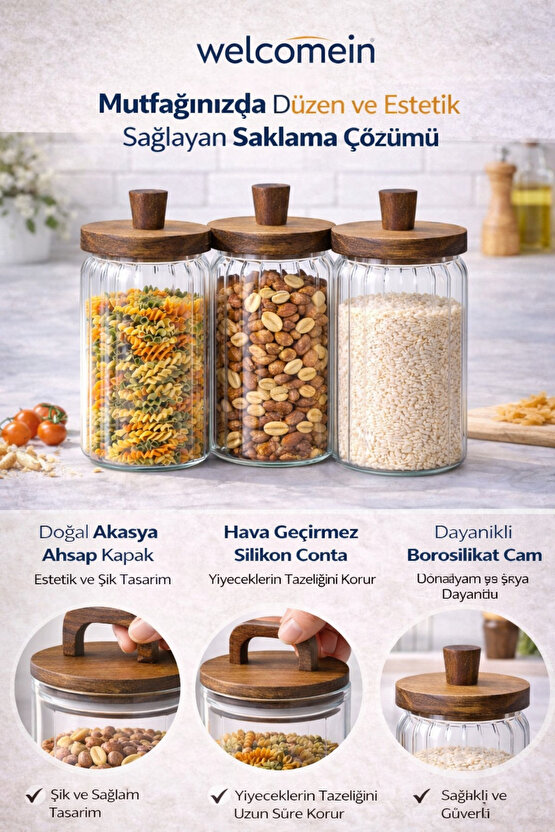 Cam Saklama Kavanozu Seti 3’lü – Akasya Kapaklı, Hava Geçirmez, 700 ml Erzak Saklama
