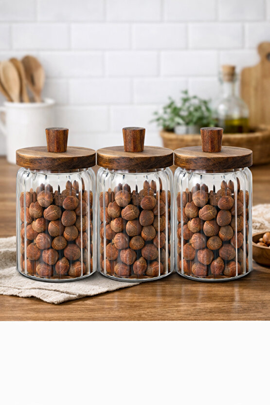 Ahşap Kapaklı Cam Kavanoz Seti 3’lü – 700 ml – Gıda Saklamaya Uygun, Şeffaf Cam Erzak Saklama