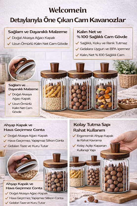 Ahşap Kapaklı Cam Kavanoz Seti 3’lü – 700 ml – Gıda Saklamaya Uygun, Şeffaf Cam Erzak Saklama
