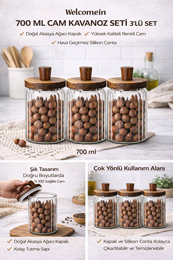 Ahşap Kapaklı Cam Kavanoz Seti 3’lü – 700 ml – Gıda Saklamaya Uygun, Şeffaf Cam Erzak Saklama