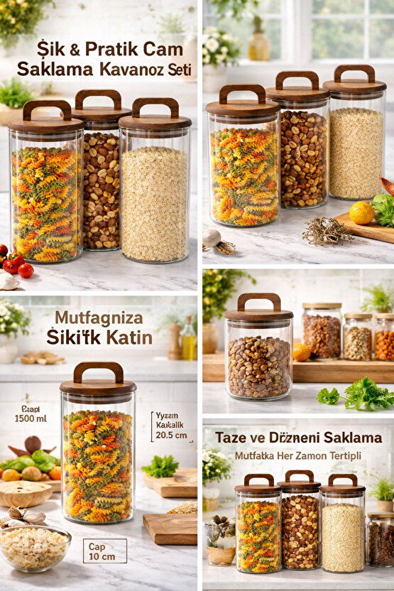 Cam Saklama Kavanozu Seti 3’lü – Akasya Kapaklı, Hava Geçirmez, 1250 ml Büyük Boy