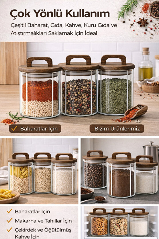 3’lü Cam Kavanoz Seti 950 ml – Ahşap Kapaklı, Hava Geçirmez, Gıda Saklama Kavanozu