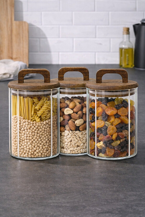 3’lü Cam Kavanoz Seti 950 ml – Ahşap Kapaklı, Hava Geçirmez, Gıda Saklama Kavanozu