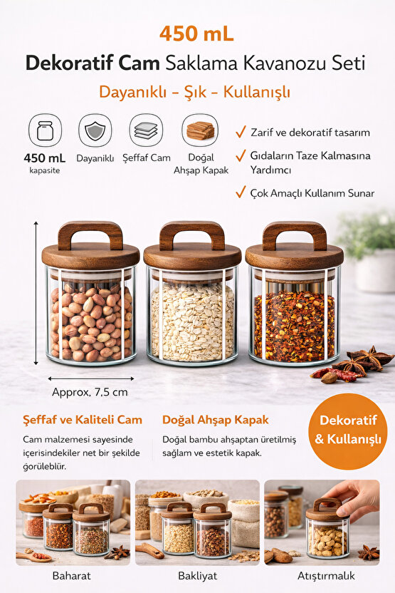 3’lü Cam Kavanoz Seti 450 ml | Ahşap Kapaklı | Gıda Saklama Kavanozu Erzak Saklama