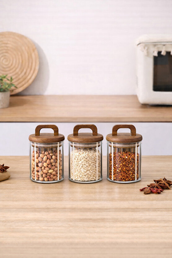 3’lü Cam Kavanoz Seti 450 ml | Ahşap Kapaklı | Gıda Saklama Kavanozu Erzak Saklama
