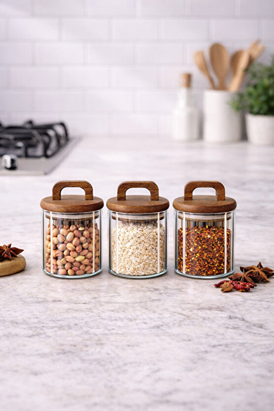 3’lü Cam Kavanoz Seti 450 ml | Ahşap Kapaklı | Gıda Saklama Kavanozu Erzak Saklama