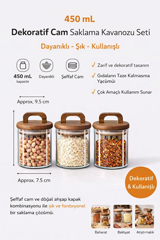 3’lü Cam Kavanoz Seti 450 ml | Ahşap Kapaklı | Gıda Saklama Kavanozu Erzak Saklama
