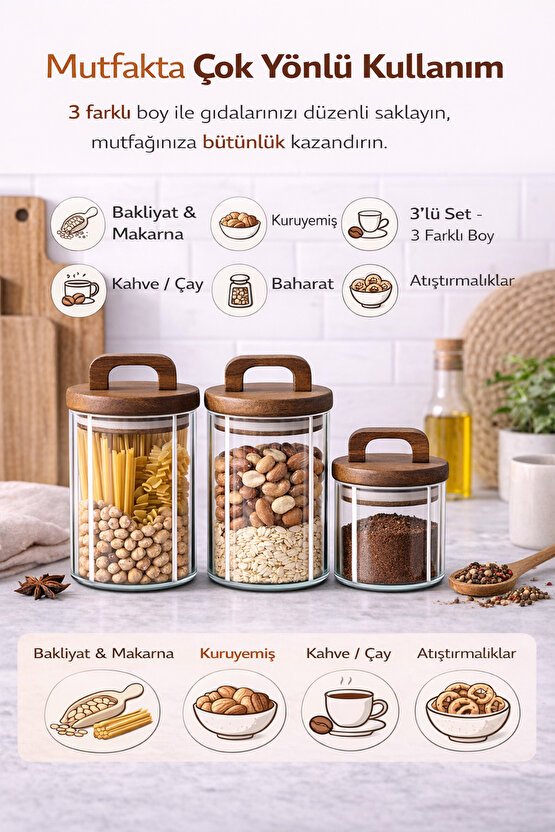 3’lü Cam Kavanoz Seti 450 ml | Ahşap Kapaklı | Gıda Saklama Kavanozu Erzak Saklama