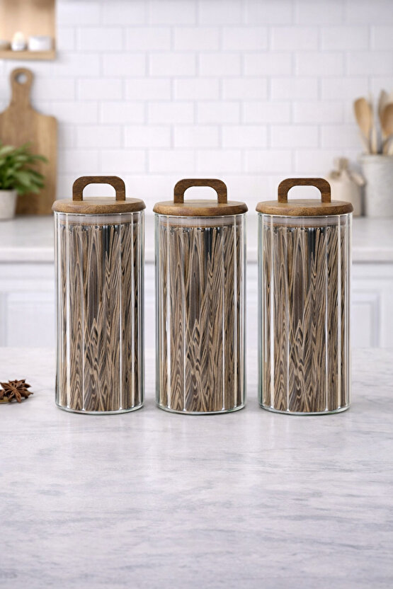 3’lü Cam Kavanoz Seti 1550 ml | Ahşap Kapaklı, Şeffaf, Gıda Saklama Kavanozu Erzak Saklama
