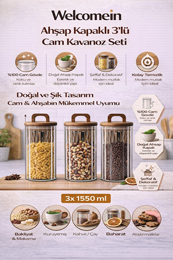 3’lü Cam Kavanoz Seti 1550 ml | Ahşap Kapaklı, Şeffaf, Gıda Saklama Kavanozu Erzak Saklama