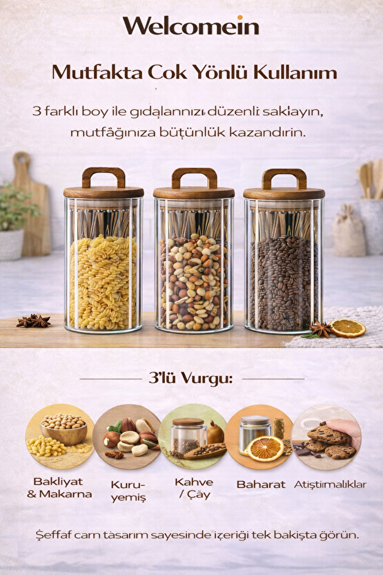 3’lü Cam Kavanoz Seti 1550 ml | Ahşap Kapaklı, Şeffaf, Gıda Saklama Kavanozu Erzak Saklama