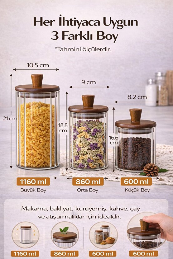 Ahşap Kapaklı 3’lü Cam Kavanoz Seti 1160 ml + 860 ml + 600 ml | Mutfak Saklama Kavanozu