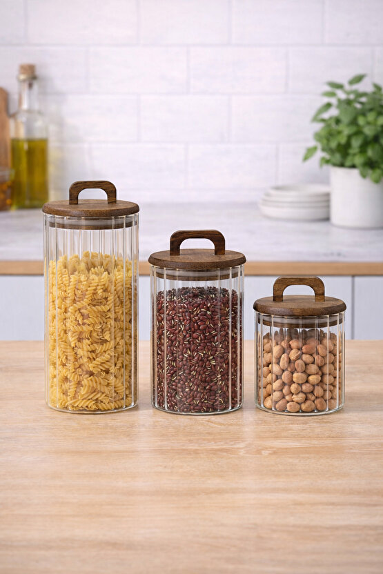 Ahşap Kulplu Kapaklı 3’lü Cam Kavanoz Seti | 1250 ml + 950 ml + 650 ml | Gıda Saklama Kavanozu