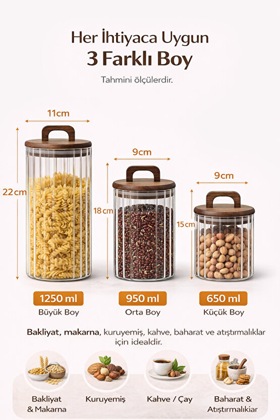 Ahşap Kulplu Kapaklı 3’lü Cam Kavanoz Seti | 1250 ml + 950 ml + 650 ml | Gıda Saklama Kavanozu
