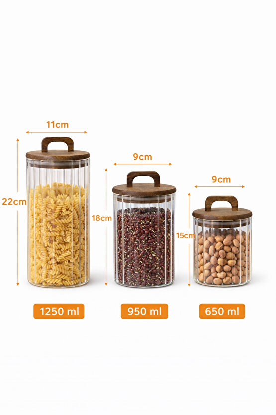 Ahşap Kulplu Kapaklı 3’lü Cam Kavanoz Seti | 1250 ml + 950 ml + 650 ml | Gıda Saklama Kavanozu