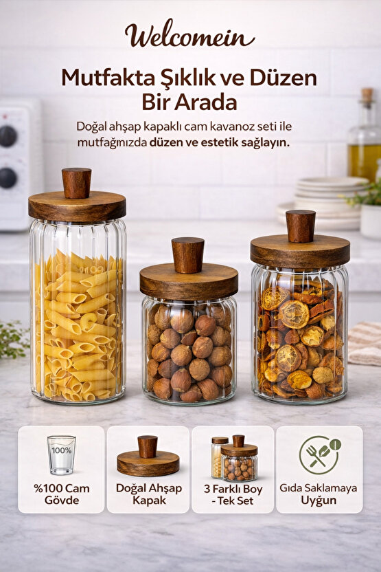 Ahşap Kapaklı 3’lü Cam Kavanoz Seti | 950 ml + 700 ml + 450 ml | Gıda Saklamaya Uygun