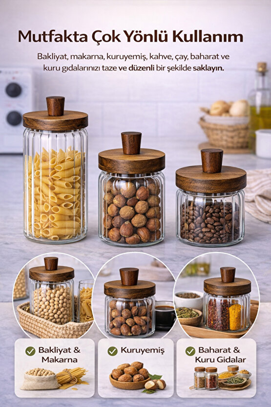Ahşap Kapaklı 3’lü Cam Kavanoz Seti | 950 ml + 700 ml + 450 ml | Gıda Saklamaya Uygun