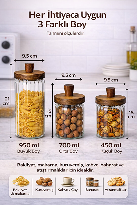 Ahşap Kapaklı 3’lü Cam Kavanoz Seti | 950 ml + 700 ml + 450 ml | Gıda Saklamaya Uygun