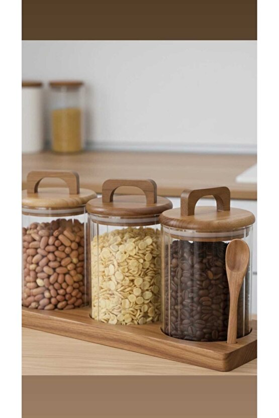 3’lü Akasya Standlı Cam Kavanoz Seti–Kaşıklı, Akasya Kapaklı Kahve&Kuruyemiş Saklama Kabı
