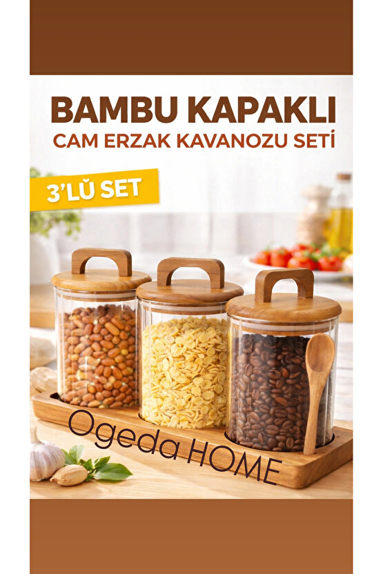 3’lü Akasya Standlı Cam Kavanoz Seti–Kaşıklı, Akasya Kapaklı Kahve&Kuruyemiş Saklama Kabı
