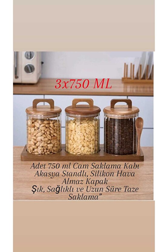 3’lü Akasya Standlı Cam Kavanoz Seti–Kaşıklı, Akasya Kapaklı Kahve&Kuruyemiş Saklama Kabı