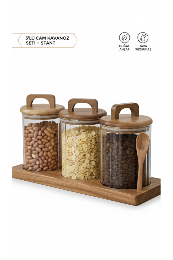 3’lü Akasya Standlı Cam Kavanoz Seti–Kaşıklı, Akasya Kapaklı Kahve&Kuruyemiş Saklama Kabı