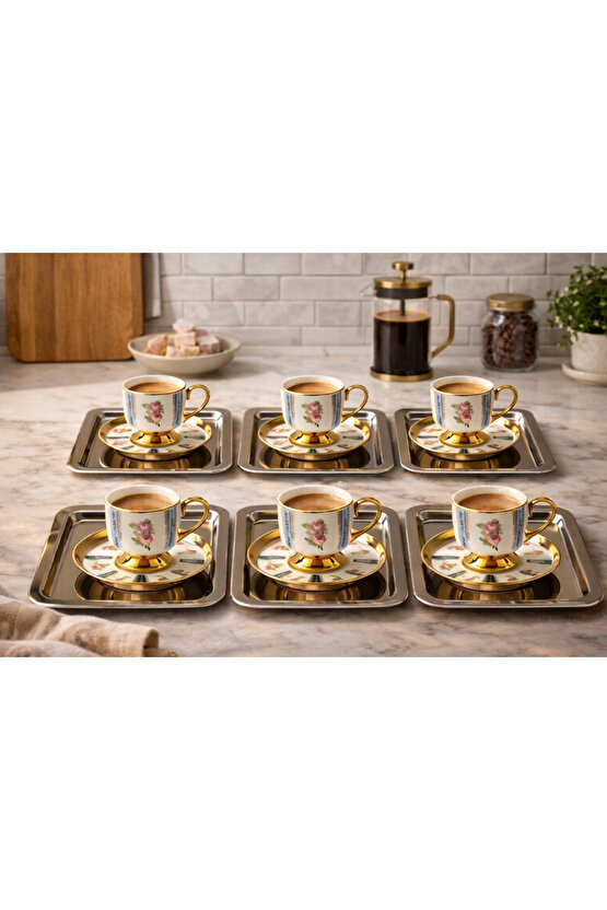 Tepsili 6’lı Kahve Fincan Seti – Gold Detaylı Porselen Fincan Takımı (Fincan+Tabak+Tepsi)