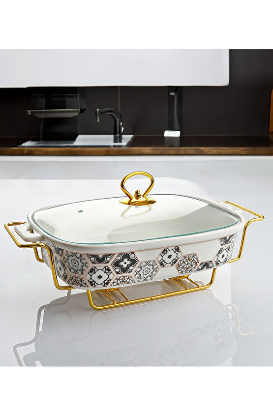 Gold Standlı 34 Cm Porselen Tencere Fırın Kabı Cam Kapaklı Isıya Dayanıklı Sunum Güveci Dikdörtgen