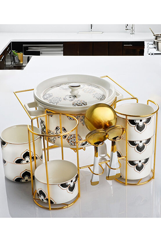 Gold Standlı 12 Parça Porselen Kahvaltı Takımı Çorbalık Kupa ve Kaşık Seti Desenli Sofra Sunum Seti