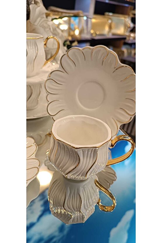 WHİTE PORSELEN GOLD KULPLU KAHVE FİNCAN TAKIMI