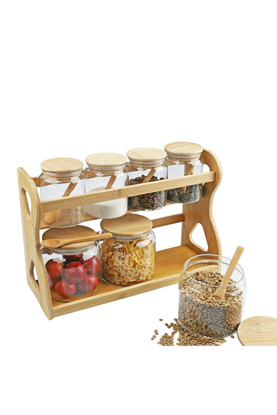 Bambulu 7’li Cam Baharat & Saklama Kavanozu Seti – Kaşıklı Standlı Düzenleyici