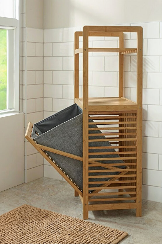 Bambu Dikey Çamaşır Sepeti Raflı Çamaşır Sepeti 40x30x95 Cm