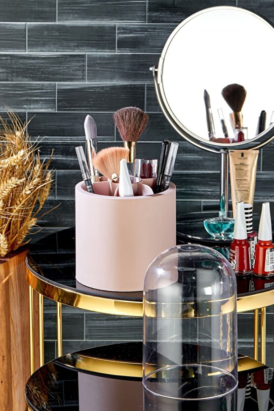 Bölmeli Pembe Makyaj Organizeri - Daisy Şeffaf Kapaklı Büyük Fırça Organizeri