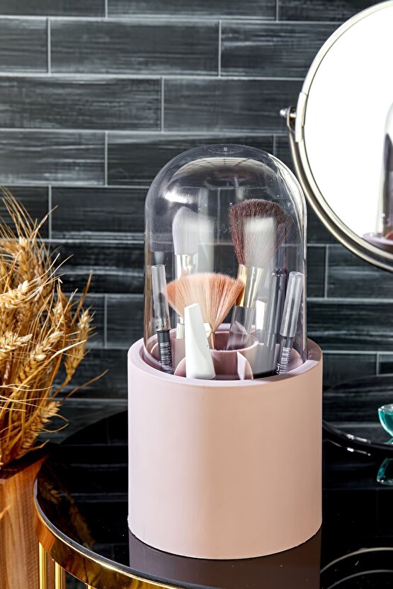Bölmeli Pembe Makyaj Organizeri - Daisy Şeffaf Kapaklı Büyük Fırça Organizeri