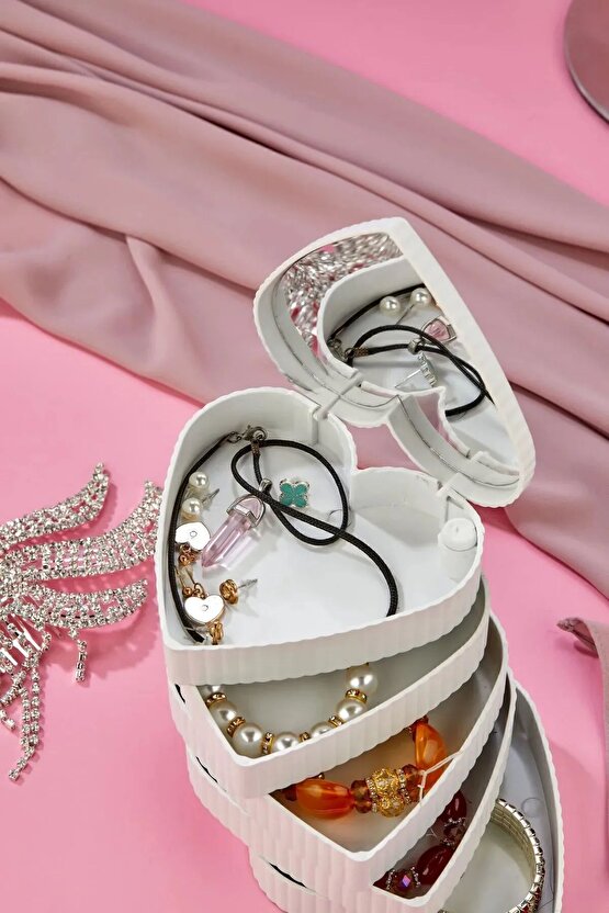 Çizgili Desenli Kalpli Mina 5 Katlı Aynalı Takı Organizeri Beyaz Renk - Aynalı Takı Organizeri