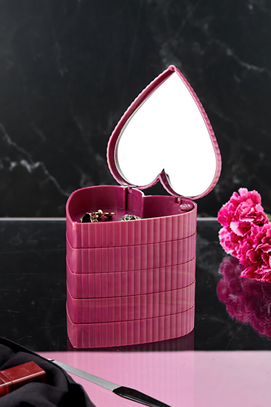 5 Katlı Aynalı Kalp 360 Derece Dönebilen Takı Organizer Kutusu