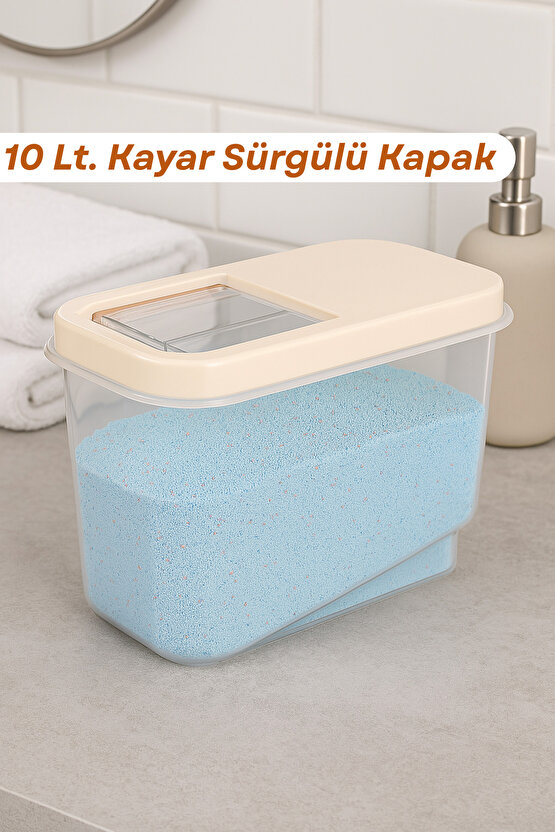 10 Lt Etiketli Kayar Kapaklı Deterjan Saklama Kabı -tablet Deterjan Saklama Kutusu Krem