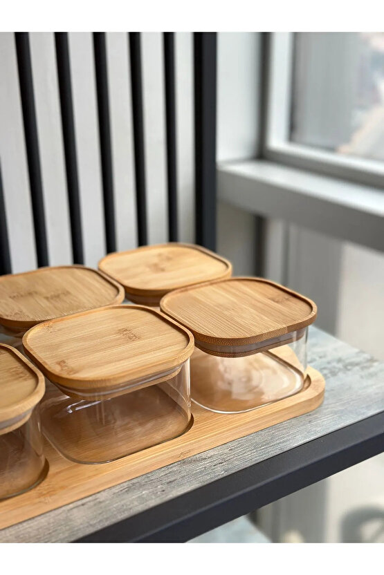 6lı Bambu Kapaklı 300 ml Sızdırmaz Cam Kahvaltılık Seti Saklama Kabı
