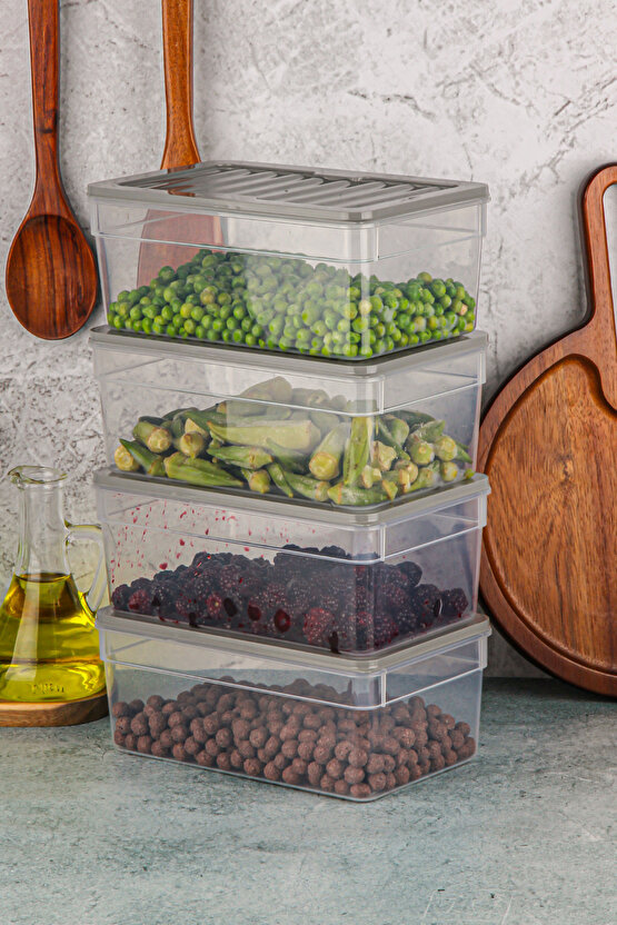 4lü Buzdolabı Düzenleyici Organizer Mikrodalga Ve Difrize Uygun Saklama Kabı Antrasit Set