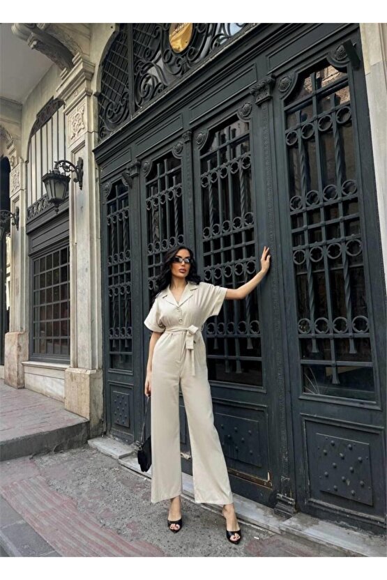 Turega Style KETEN TULUM BEL BAĞLAMA DETAYLI - Krem