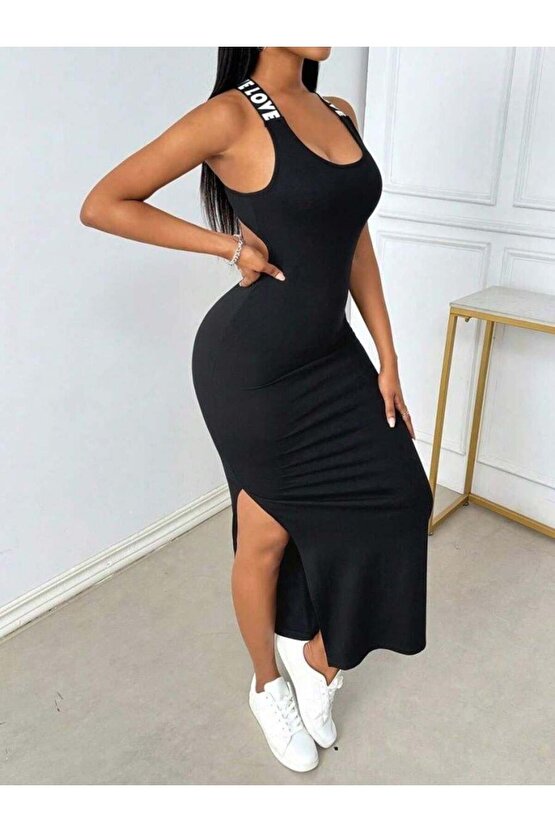 Kadın Yuvarlak Yaka Sırttan çapraz şerit Love Detaylı Yırtmaçlı Viskon Elbise