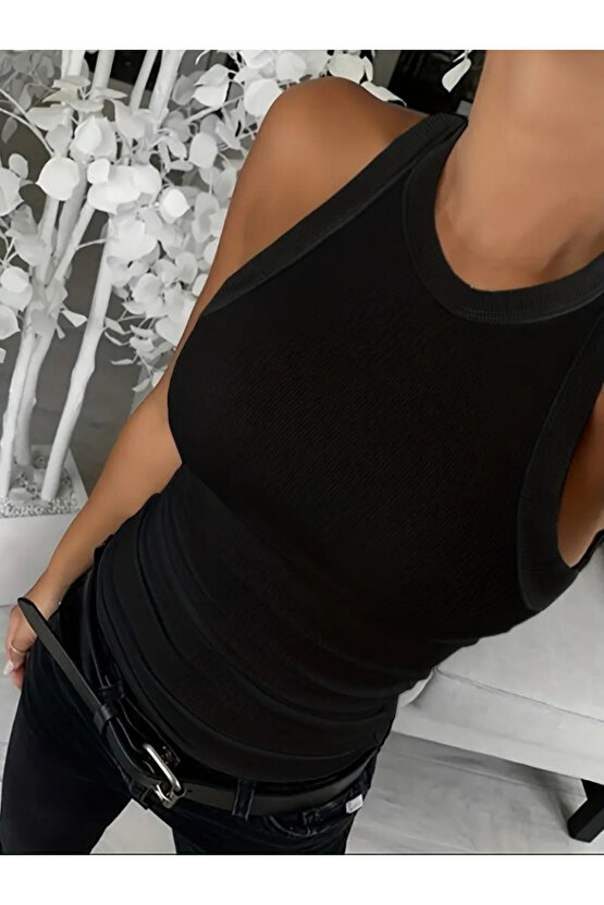 Kendim Fashion Kadın Kolsuz Yuvarlak Yaka Kalın Fitilli şardonlu Kaşkorse Bluz