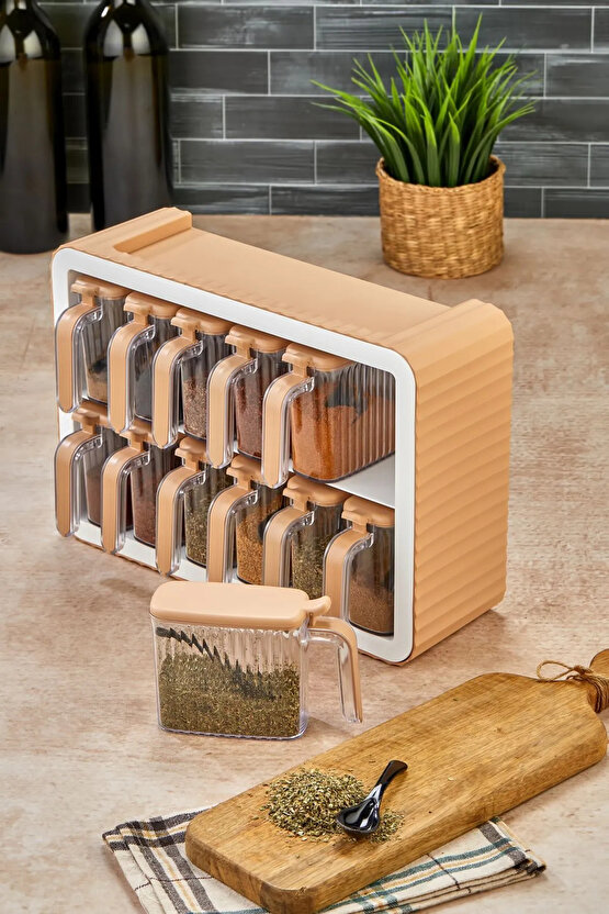 12li Standlı Kendinden Yapışkanlı Kapaklı Kaşıklı Kulplu Etiketli Çizgili Baharatlık Takım Organizer